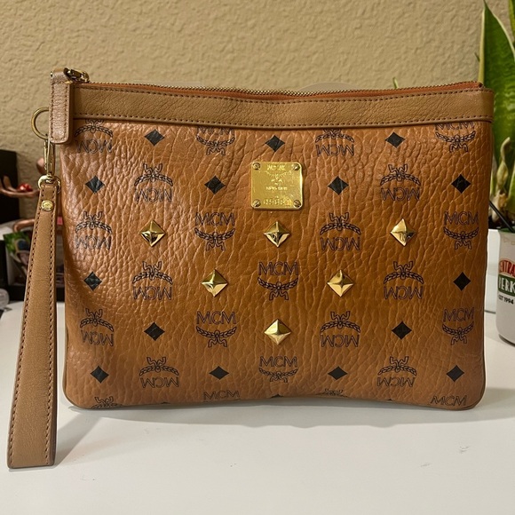 MCM Handbags - MCM STUDDED COGNAC VISETOS POUCH